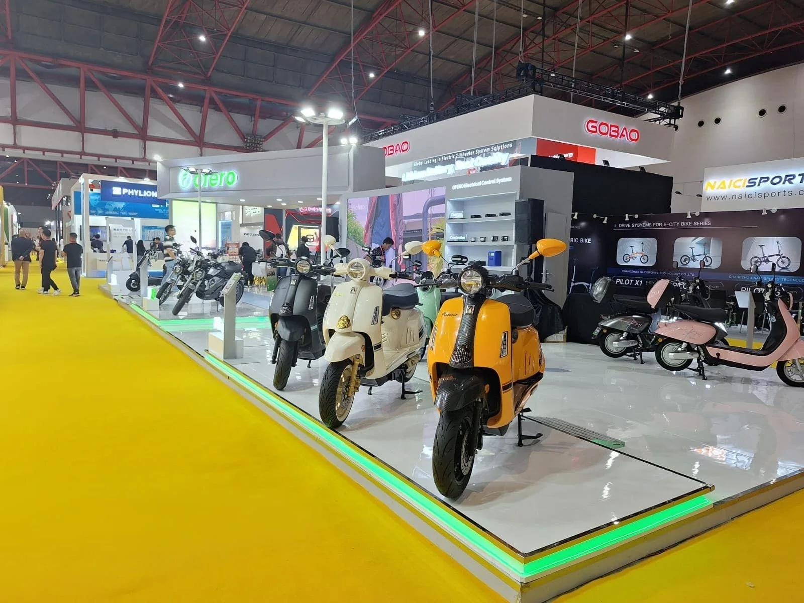 Motor scooter exhibition booth with illuminated platform